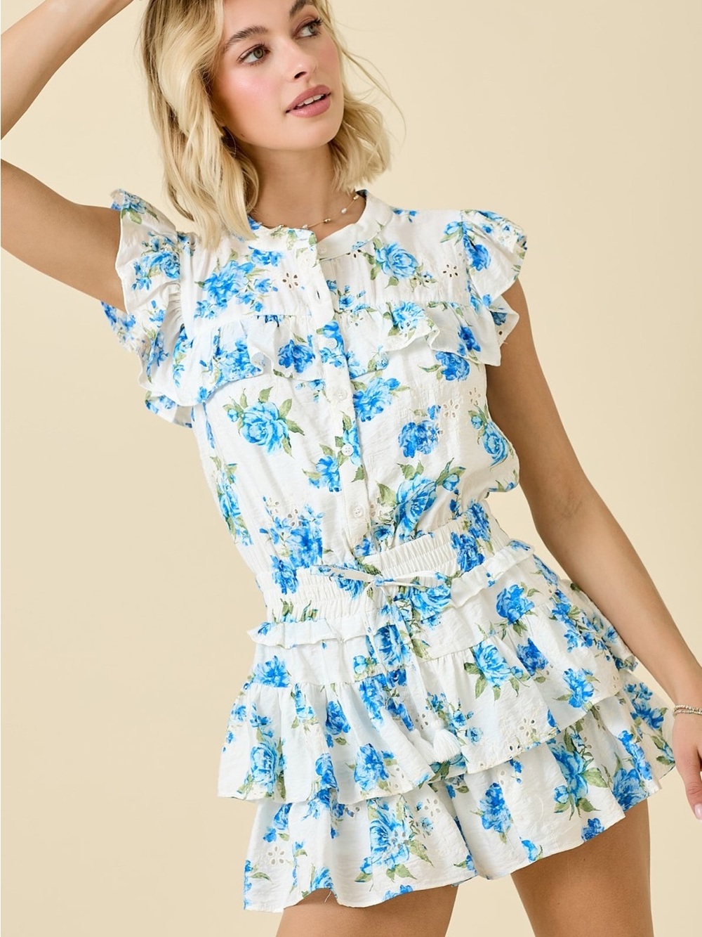FANCYD Blue Floral Ruffle Romper - Women's Jumpsuit